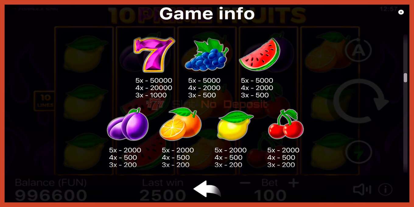 Slot screenshot: 10 Prime Fruits no deposit, number - 6