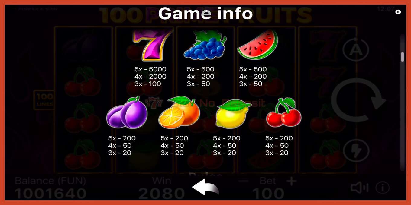 Slot screenshot: 100 Prime Fruits no deposit, number - 6