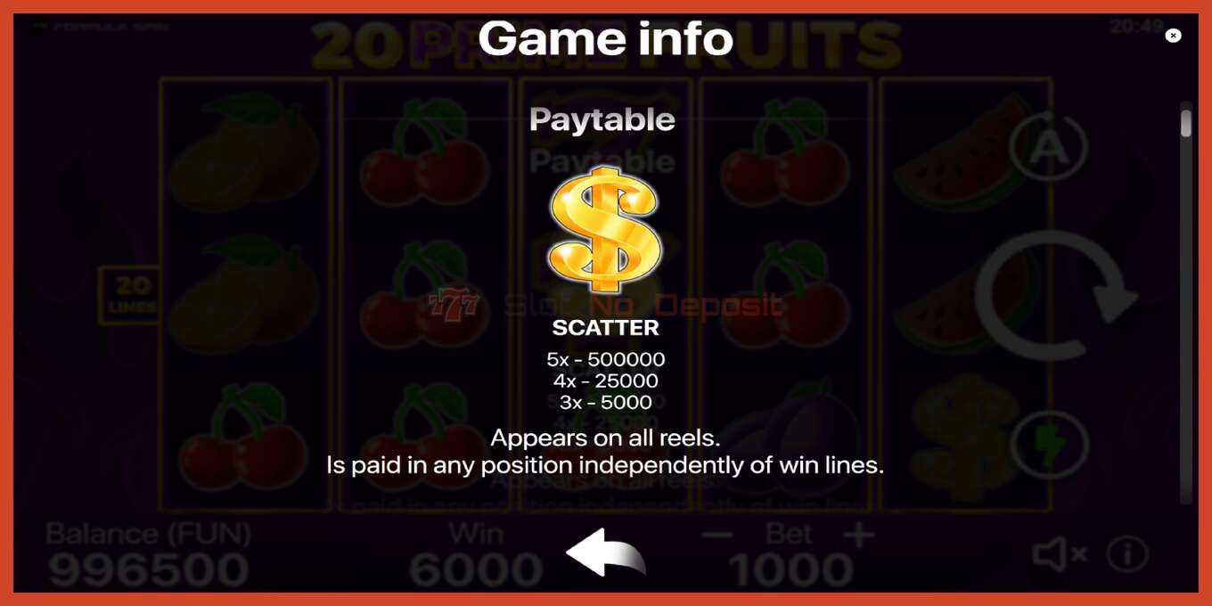 Slot скриншоту: 20 Prime Fruits депозит жок, саны - 5