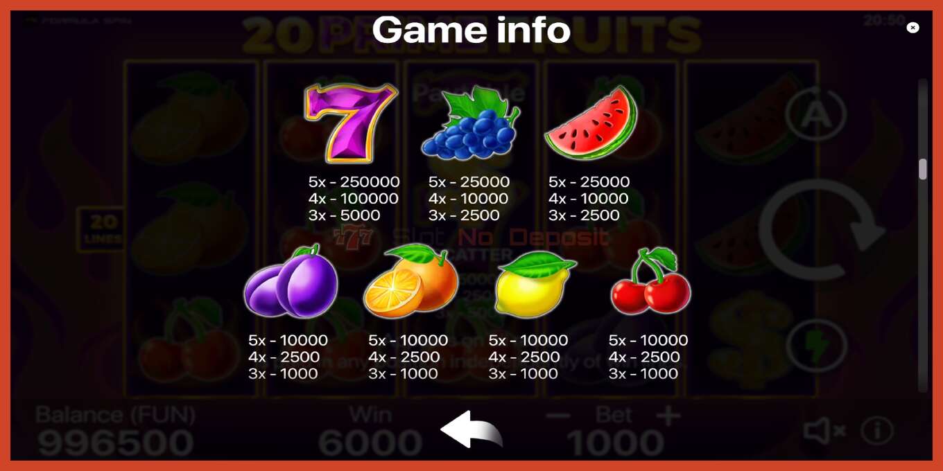 Slot скриншоту: 20 Prime Fruits депозит жок, саны - 6