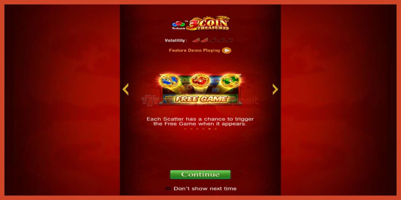 Slot skærmbillede: 3 Coin Treasures intet depositum, antal - 1