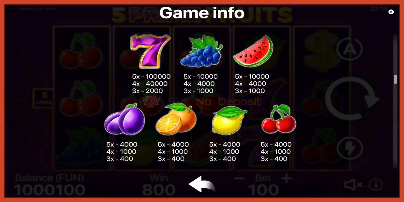 Slot-Screenshot: 5 Prime Fruits keine anzahlung, nummer - 5