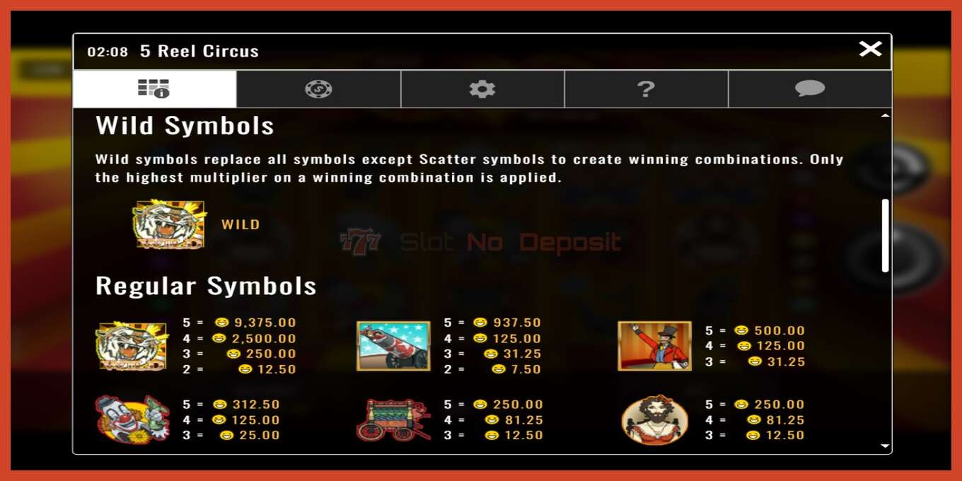 Slot screenshot: 5 Reel Circus no deposit, number - 4