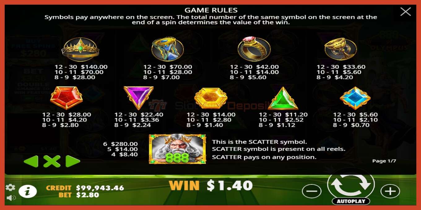 Slot screenshot: 888 of Olympus no deposit, number - 4