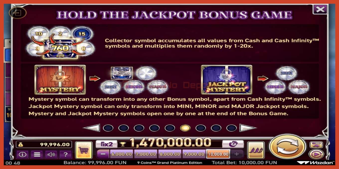 老虎机截图: 9 Coins Grand Platinum Edition Score The Jackpot 没有押金, 数字 - 5