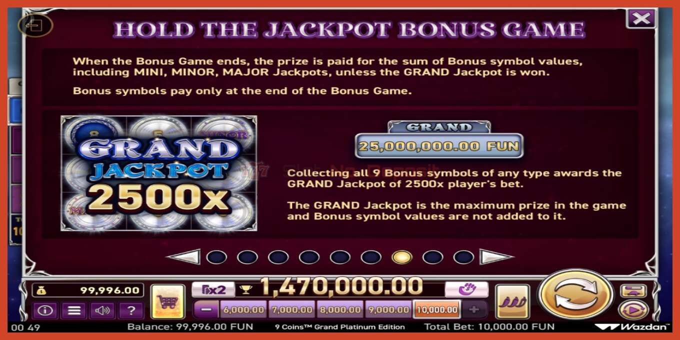 老虎机截图: 9 Coins Grand Platinum Edition Score The Jackpot 没有押金, 数字 - 6