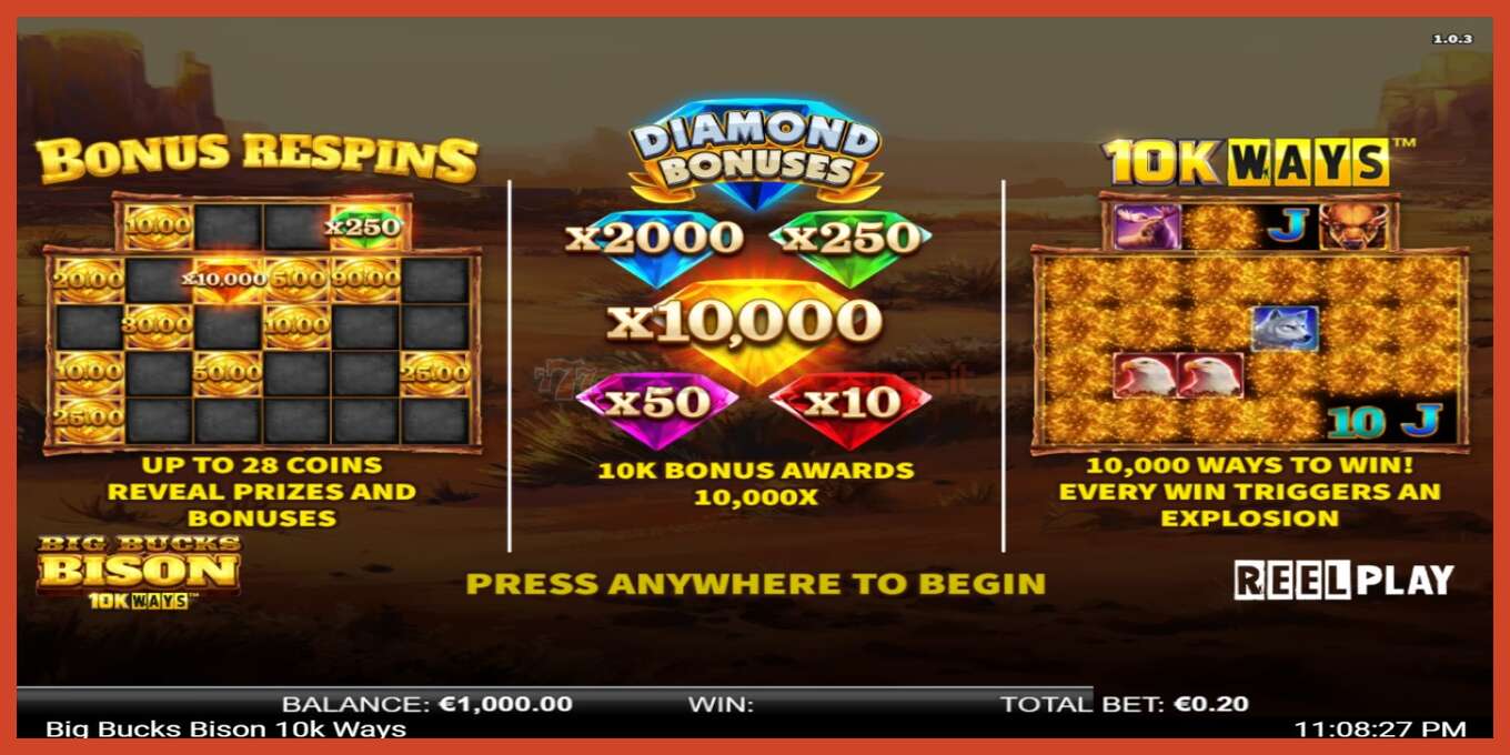 Slot screenshot: Big Bucks Bison 10K Ways no deposit, number - 1