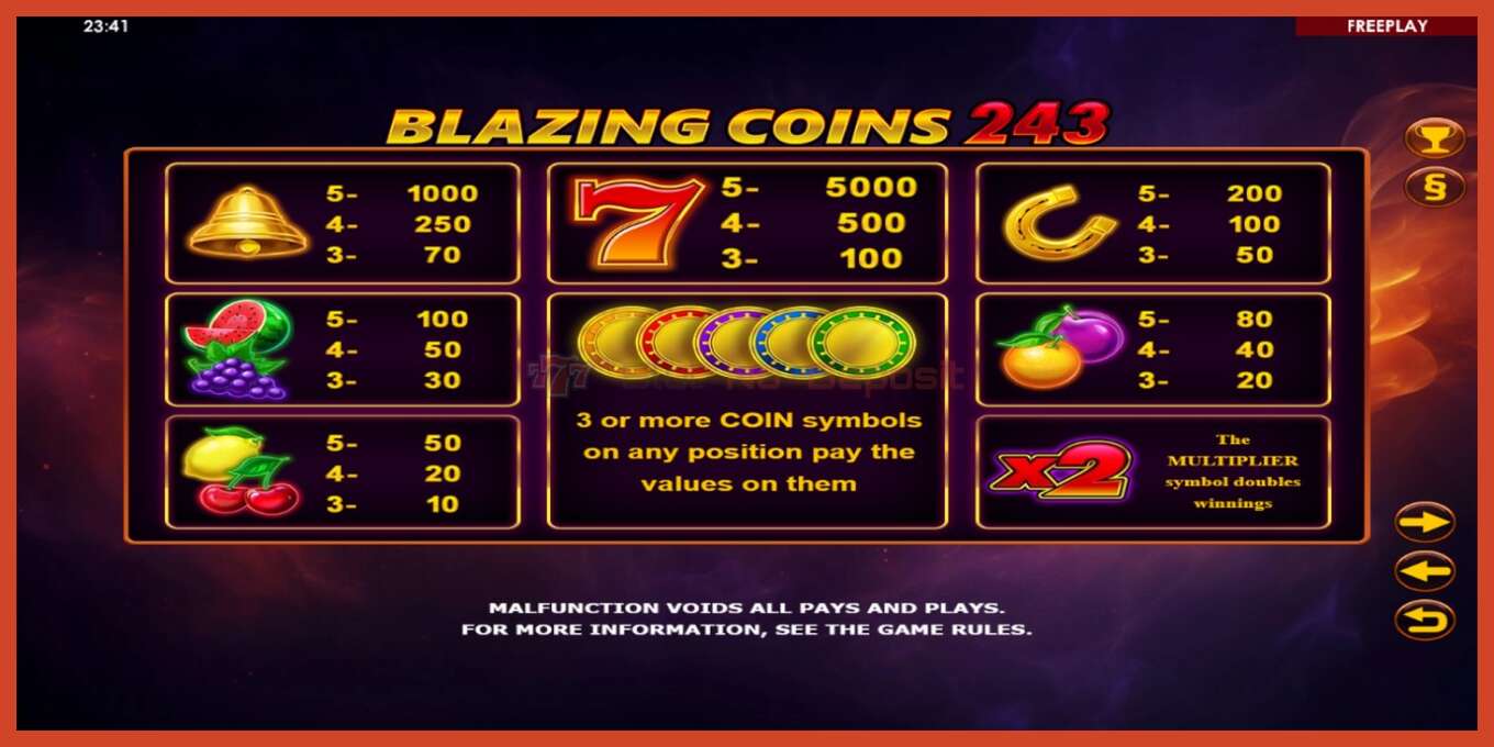 Pamja e ekranit të slotit: Blazing Coins 243 pa depozitë, numri - 4