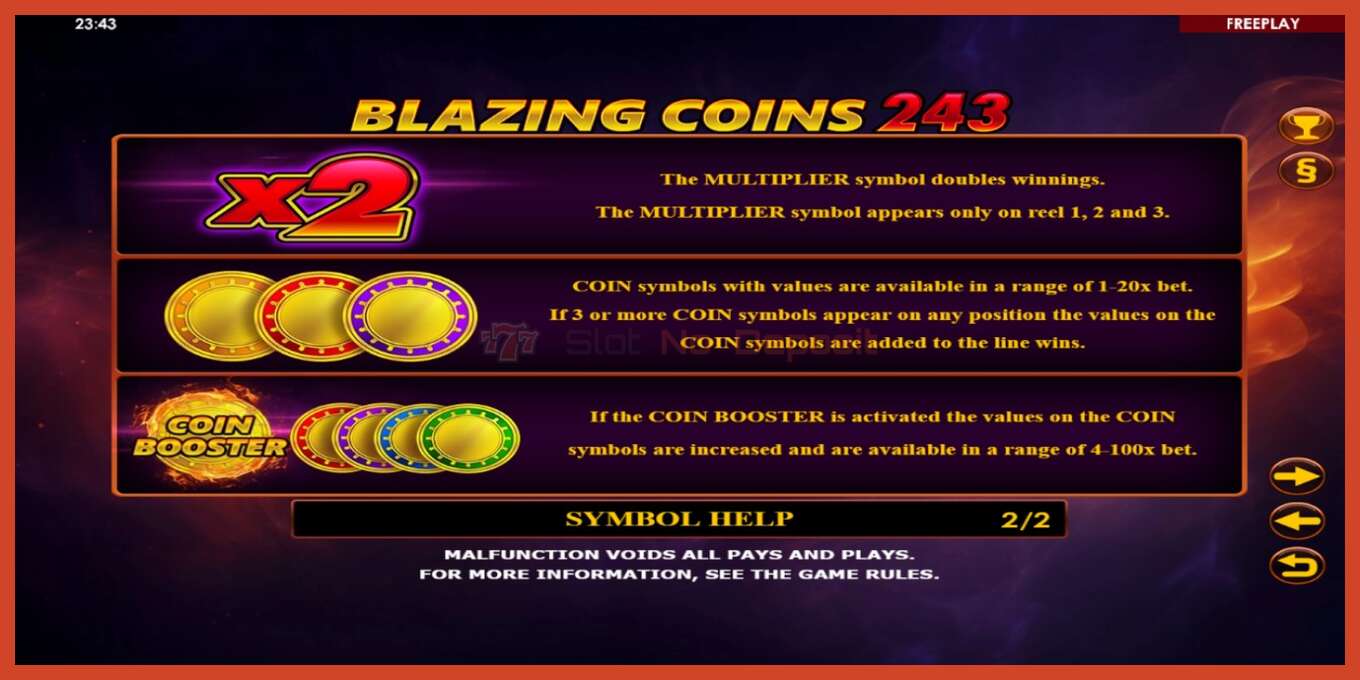 Pamja e ekranit të slotit: Blazing Coins 243 pa depozitë, numri - 6