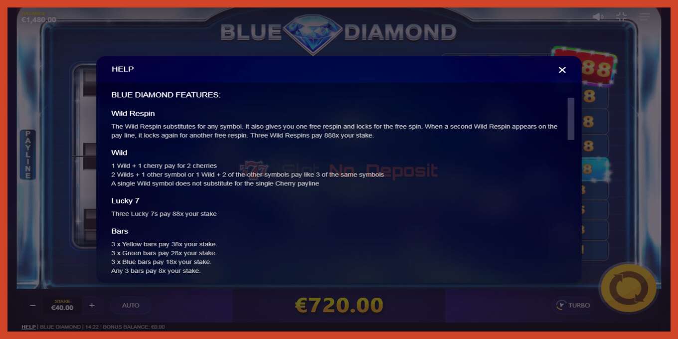 Slot screenshot: Blue Diamond no deposit, number - 5