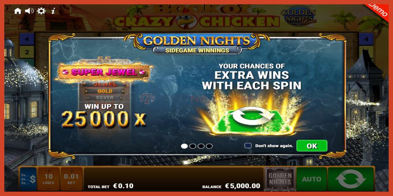 Slot screenshot: Book of Crazy Chicken Golden Nights no deposit, number - 1