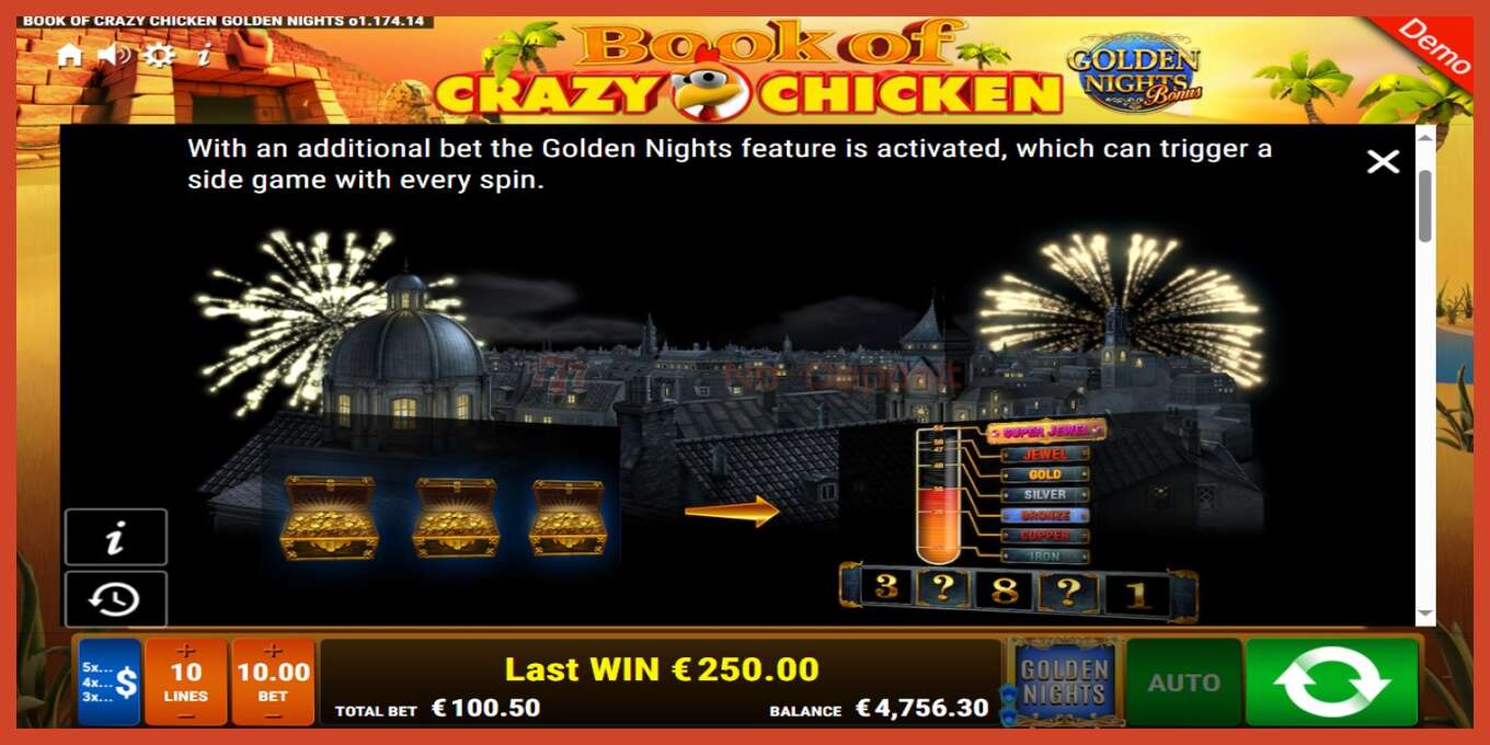 Slot screenshot: Book of Crazy Chicken Golden Nights no deposit, number - 6