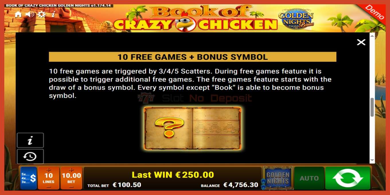 Slot screenshot: Book of Crazy Chicken Golden Nights no deposit, number - 8