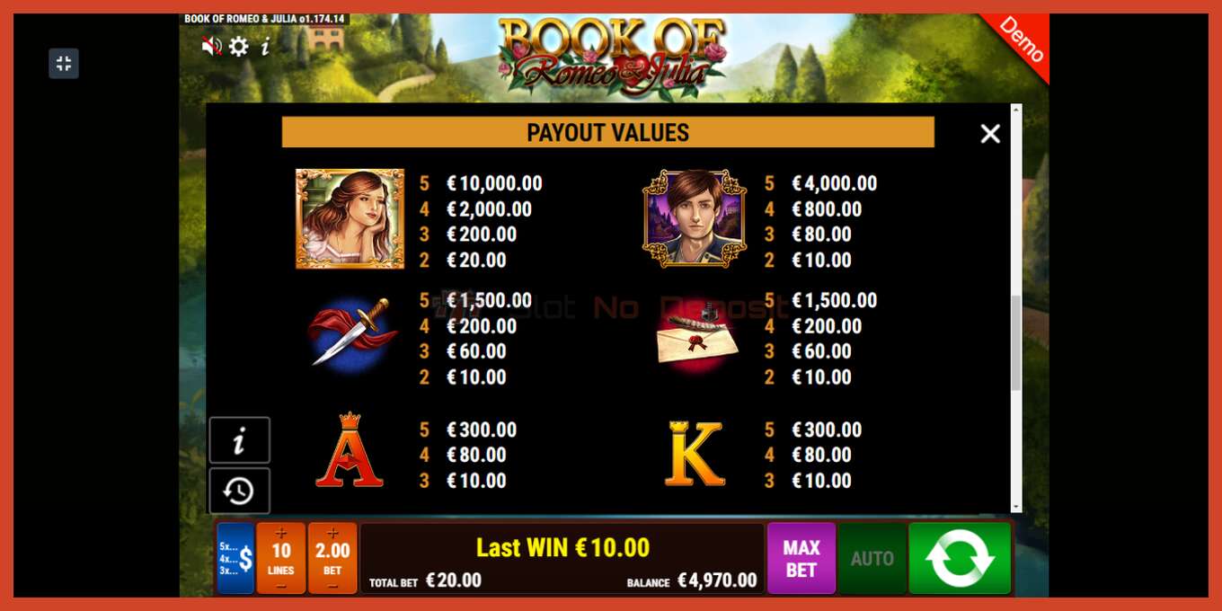 Slot screenshot: Book of Romeo and Julia no deposit, number - 6