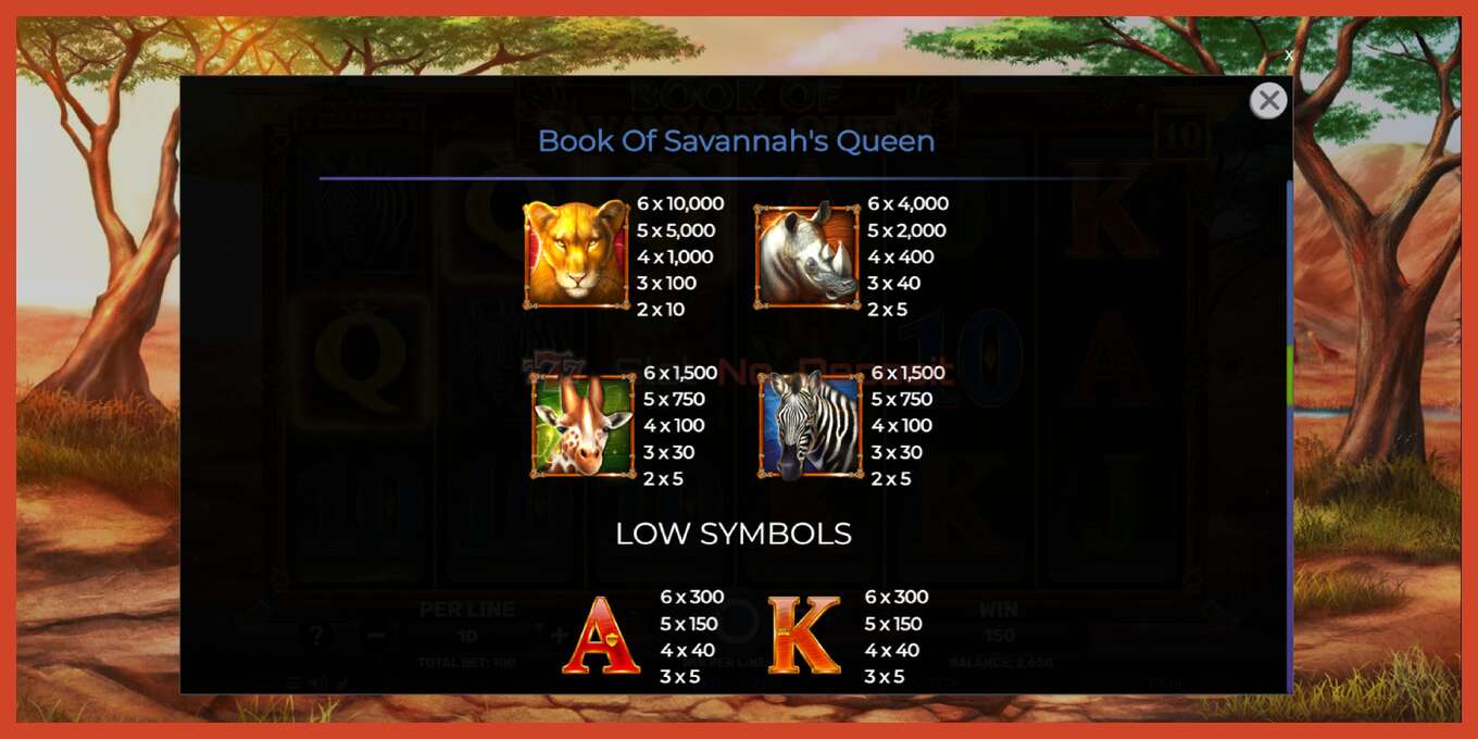 Captura de pantalla de la ranura: Book of Savannahs Queen sin deposito, número - 6