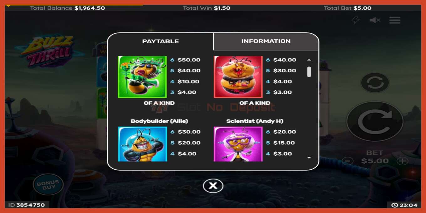 Slot skærmbillede: Buzz Thrill intet depositum, antal - 4