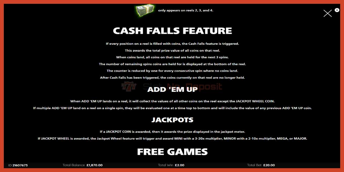 Slot skrinshoti: Cash Falls: Add Em Up Gold depozit yoq, raqam - 6