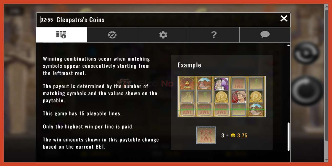 Slot screenshot: Cleopatra’s Coins no deposit, number - 5