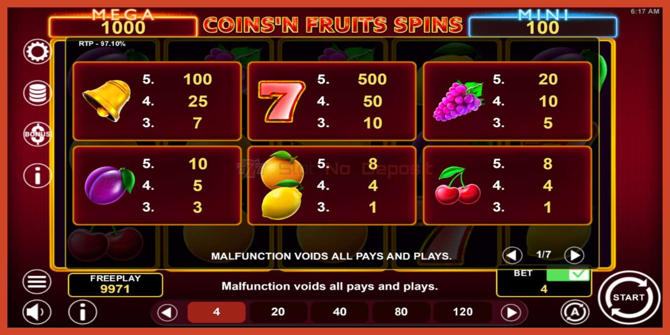 Ảnh chụp màn hình khe: Coinsn Fruits Spins không có tiền đặt cọc, con số - 5