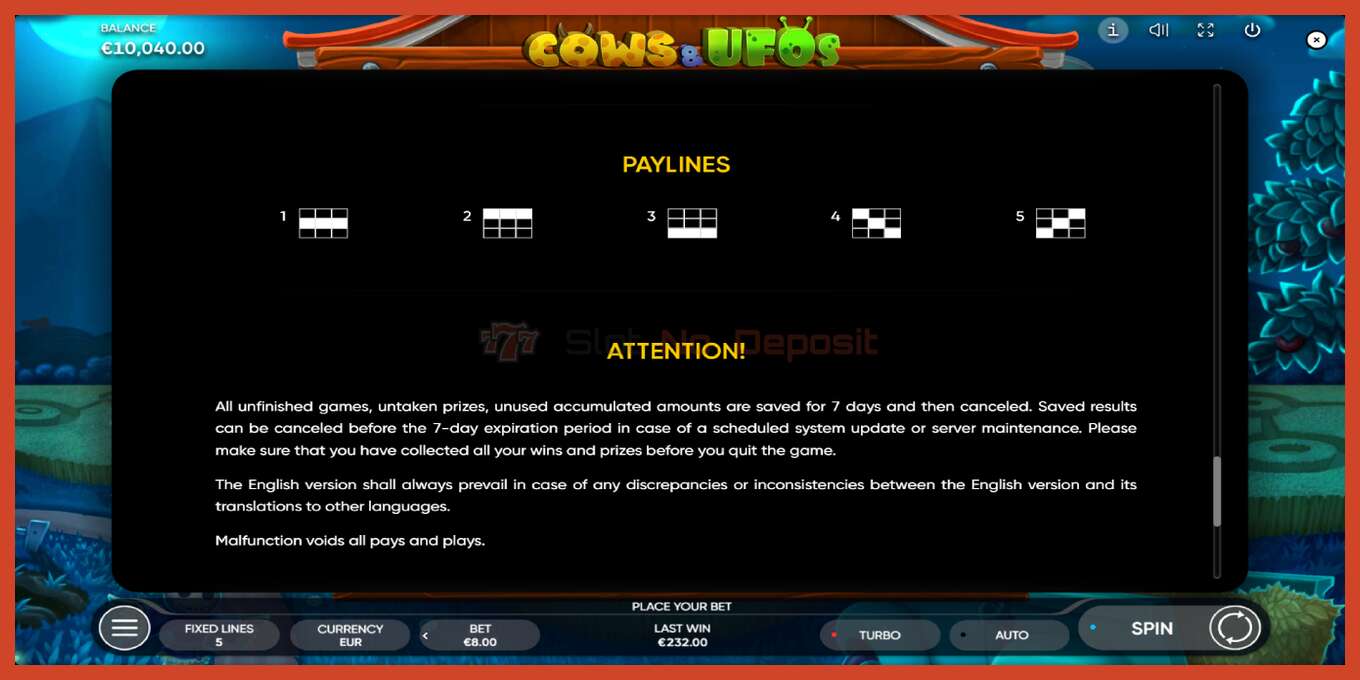Slot screenshot: Cows & UFOs no deposit, number - 7