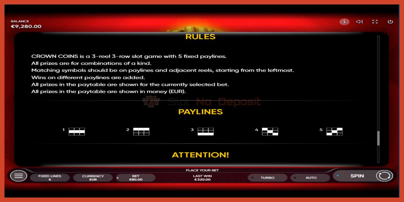 Slot screenshot: Crown Coins no deposit, number - 5