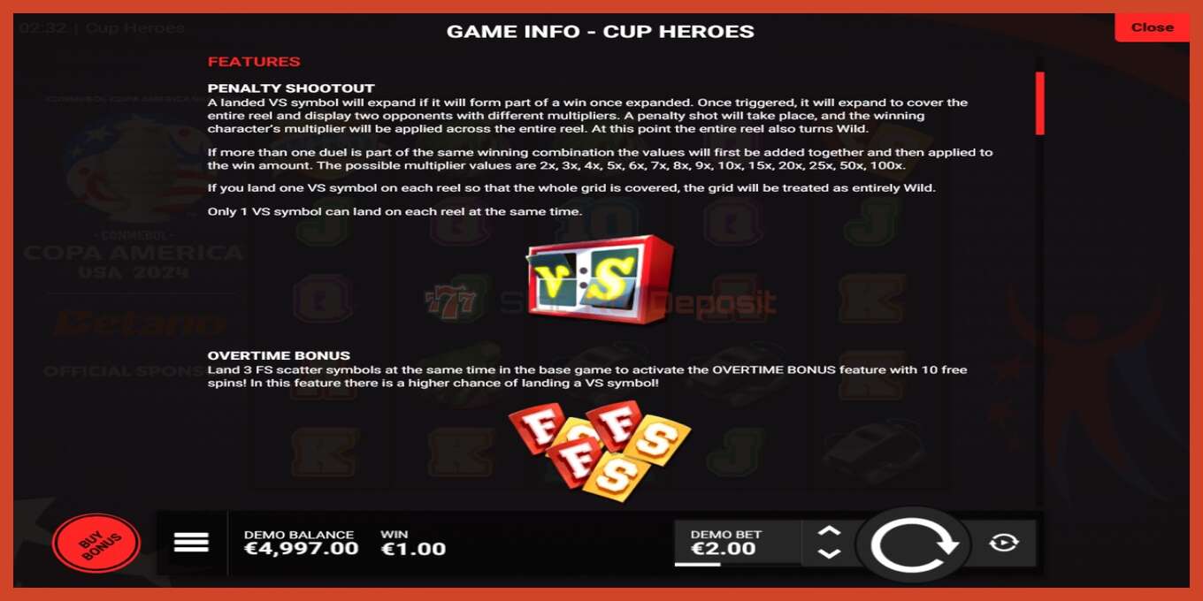 老虎机截图: Cup Heroes 没有押金, 数字 - 4