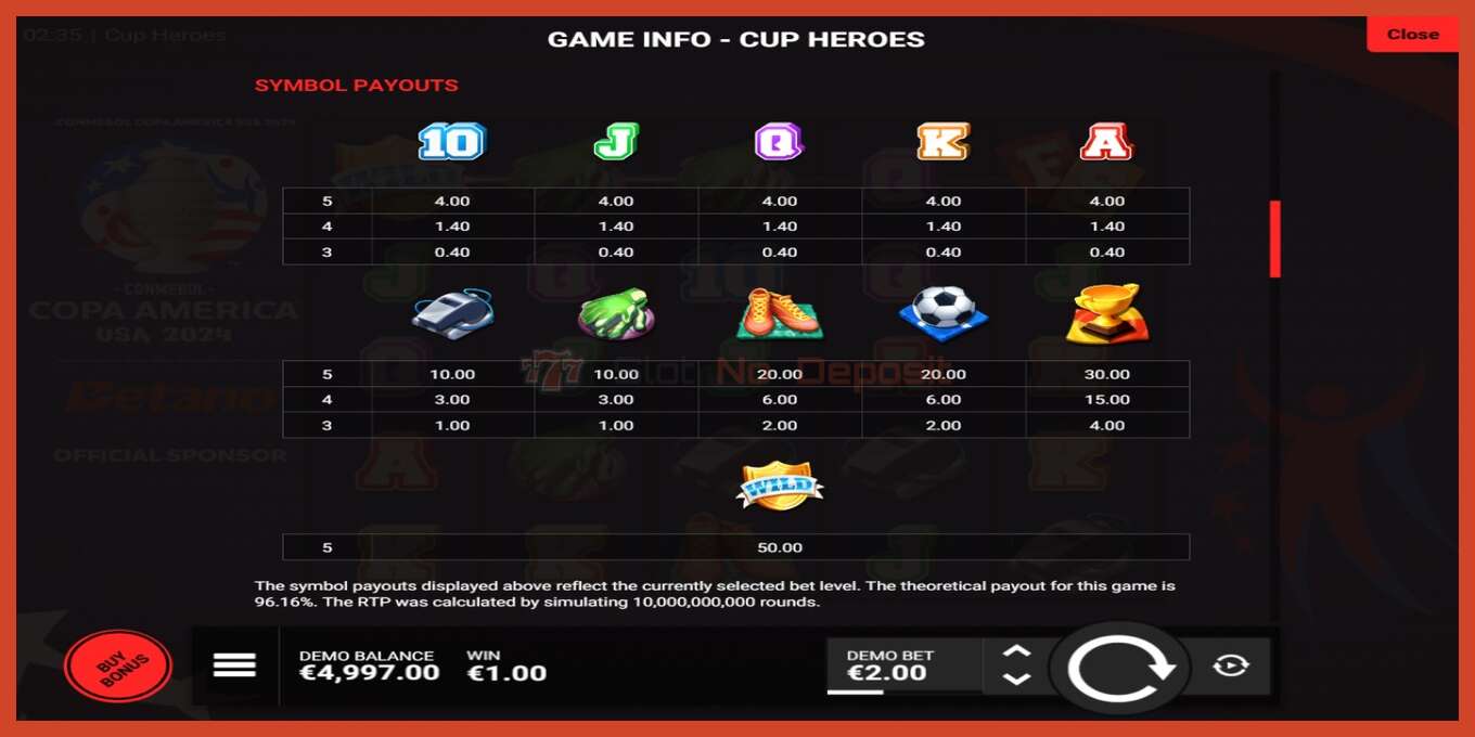 老虎机截图: Cup Heroes 没有押金, 数字 - 5