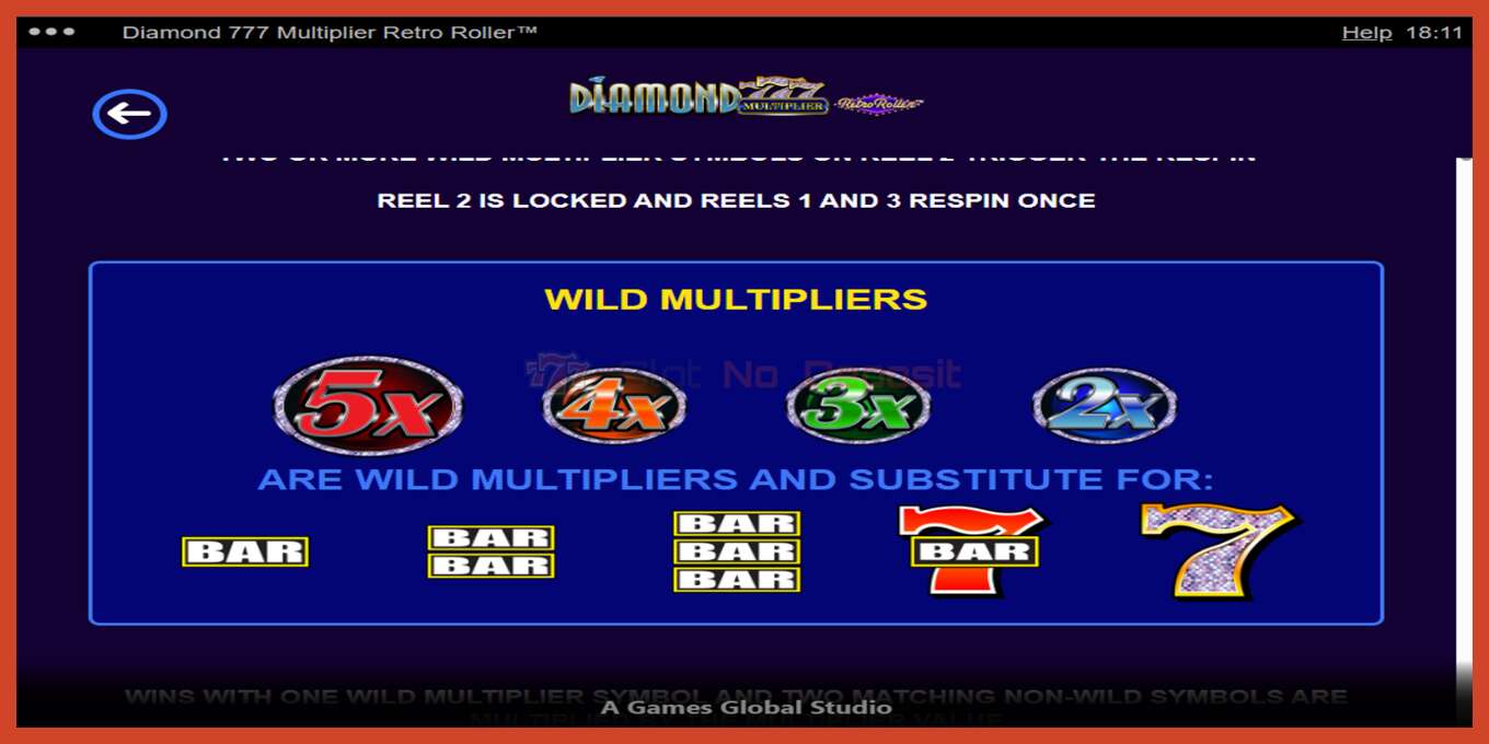 Slot screenshot: Diamond 777 Multiplier Retro Roller no deposit, number - 4