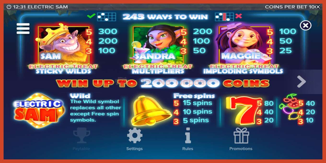 Slot screenshot: Electric Sam no deposit, number - 5