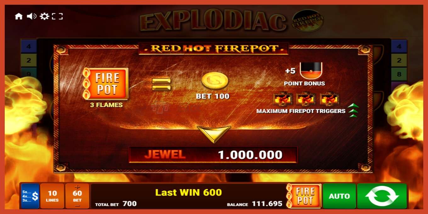 Slot screenshot: Explodiac Red Hot Firepot no deposit, number - 6