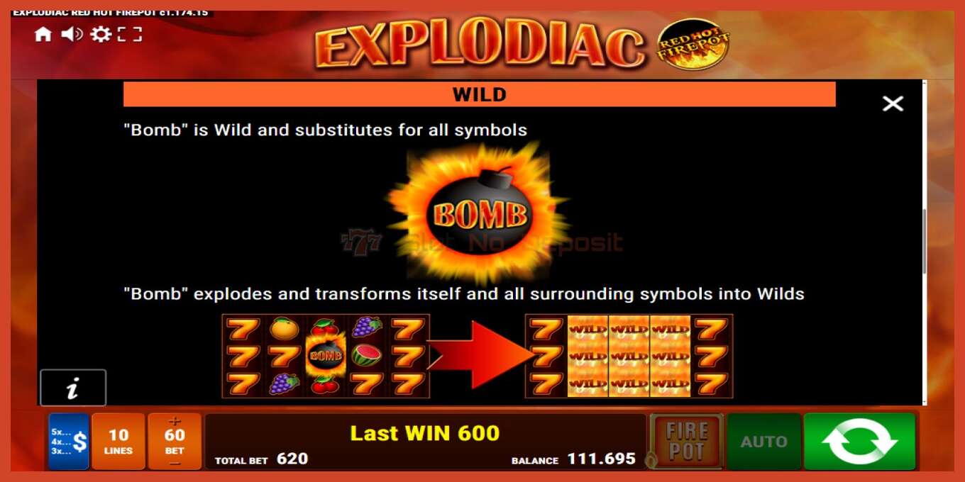 Slot screenshot: Explodiac Red Hot Firepot no deposit, number - 8