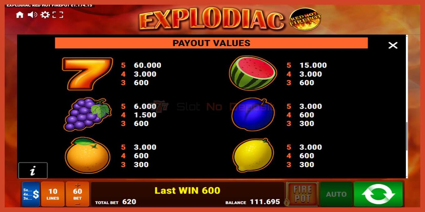 Slot screenshot: Explodiac Red Hot Firepot no deposit, number - 9