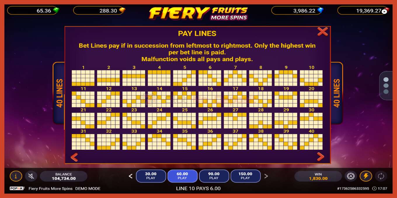 Снимак екрана слота: Fiery Fruits More Spins без депозита, број - 7