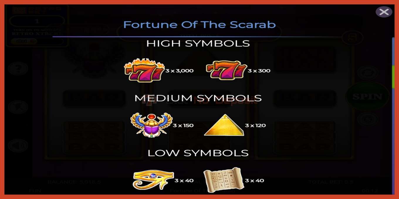 老虎机截图: Fortune of the Scarab 没有押金, 数字 - 5