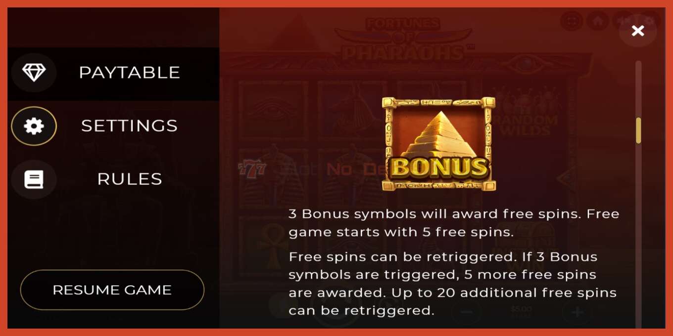 Slot screenshot: Fortunes of Pharaohs no deposit, number - 4