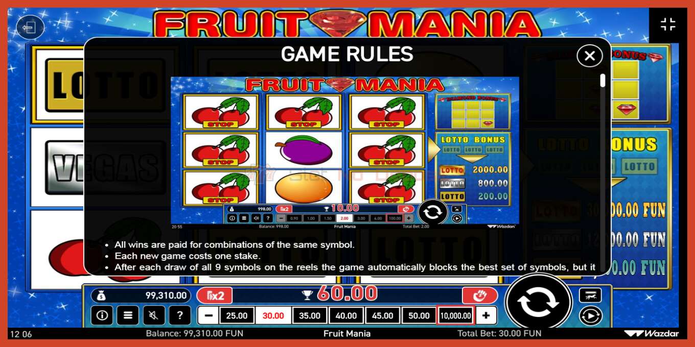 ภาพหน้าจอของสล็อต: Fruit Mania ไม่มีเงินฝาก, ตัวเลข - 6