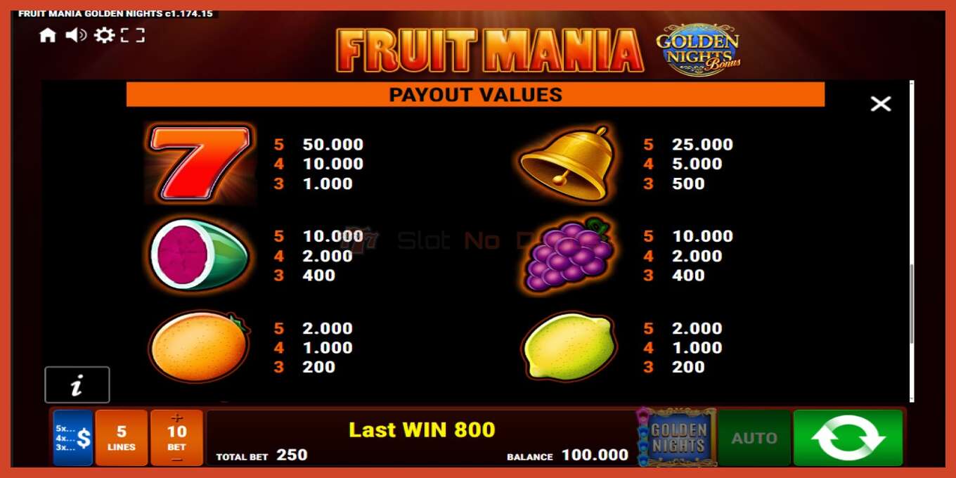 Slot screenshot: Fruit Mania Golden Nights no deposit, number - 7