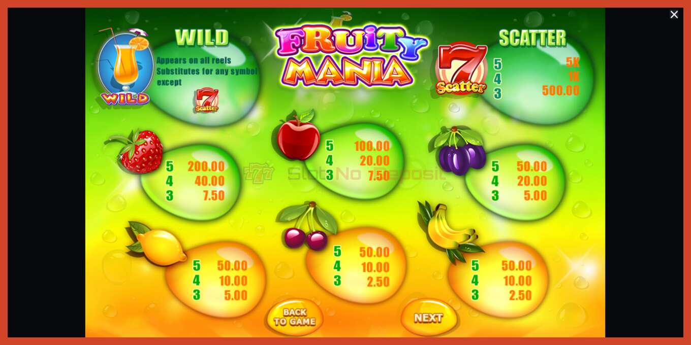 Slota ekrānuzņēmums: Fruity Mania nav depozīta, numuru - 6