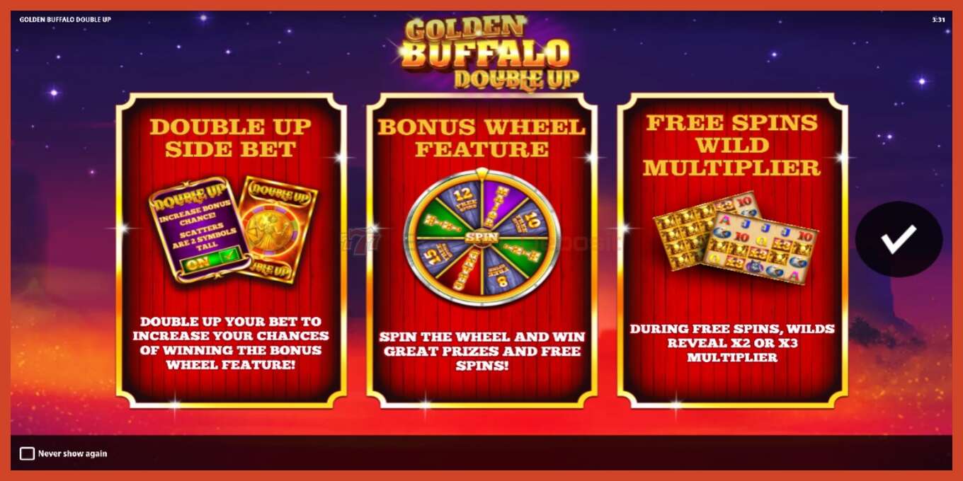 Slot skærmbillede: Golden Buffalo Double Up intet depositum, antal - 1