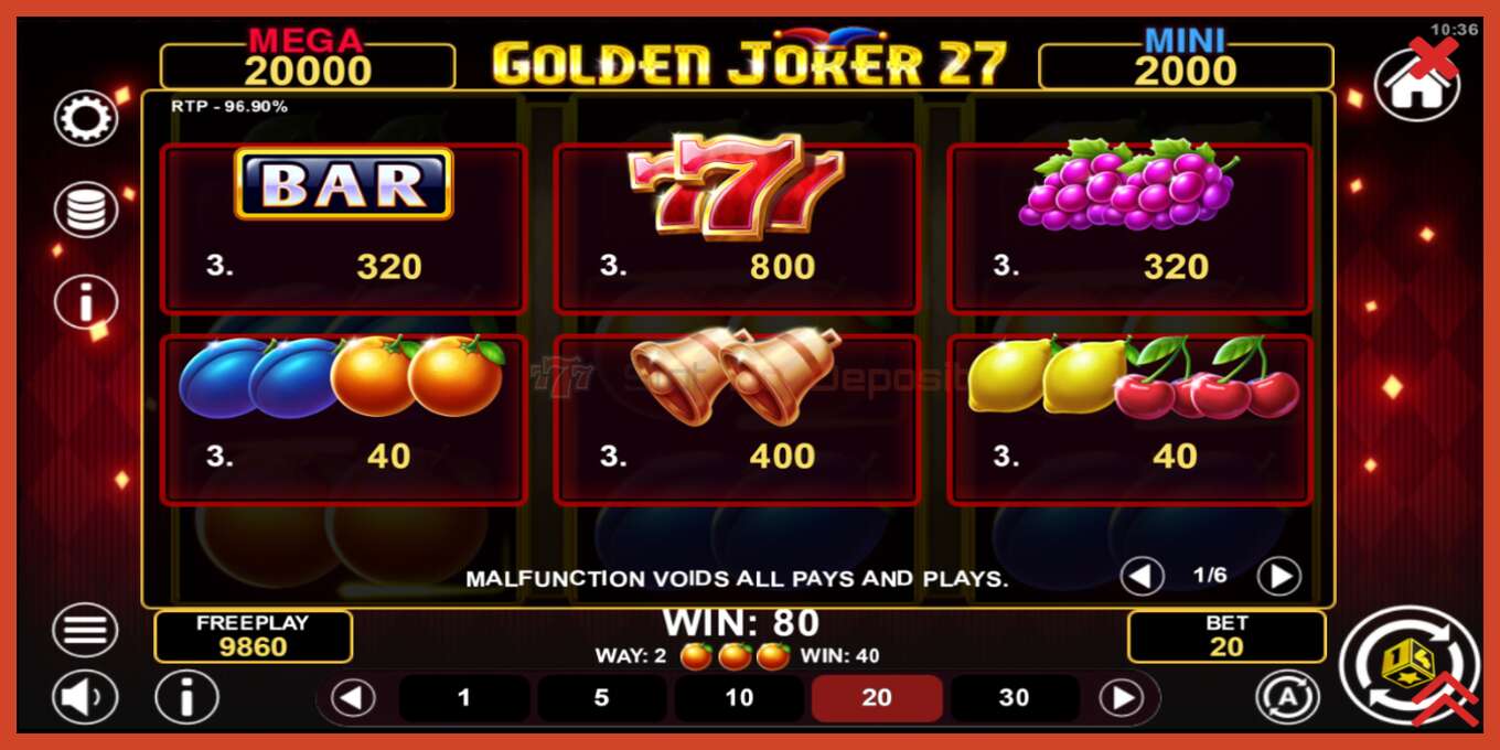 Slot skærmbillede: Golden Joker 27 Hold & Win intet depositum, antal - 5