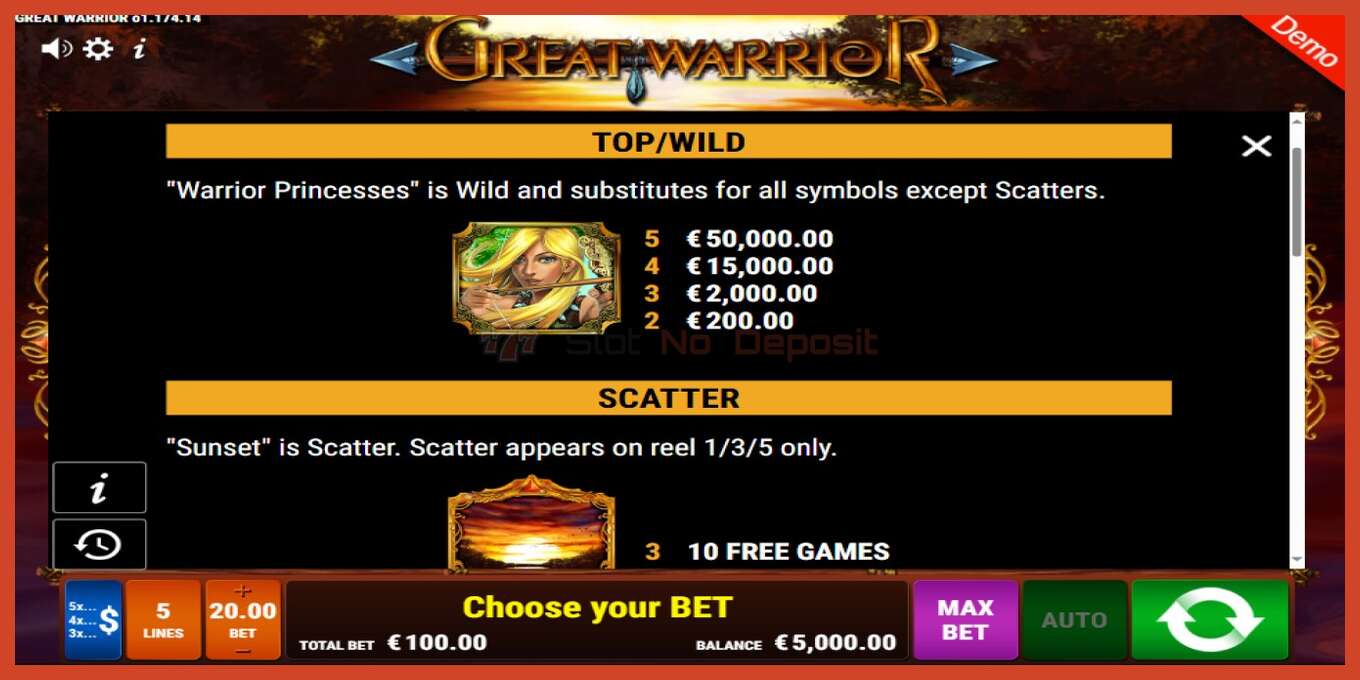 Slot screenshot: Great Warrior no deposit, number - 5