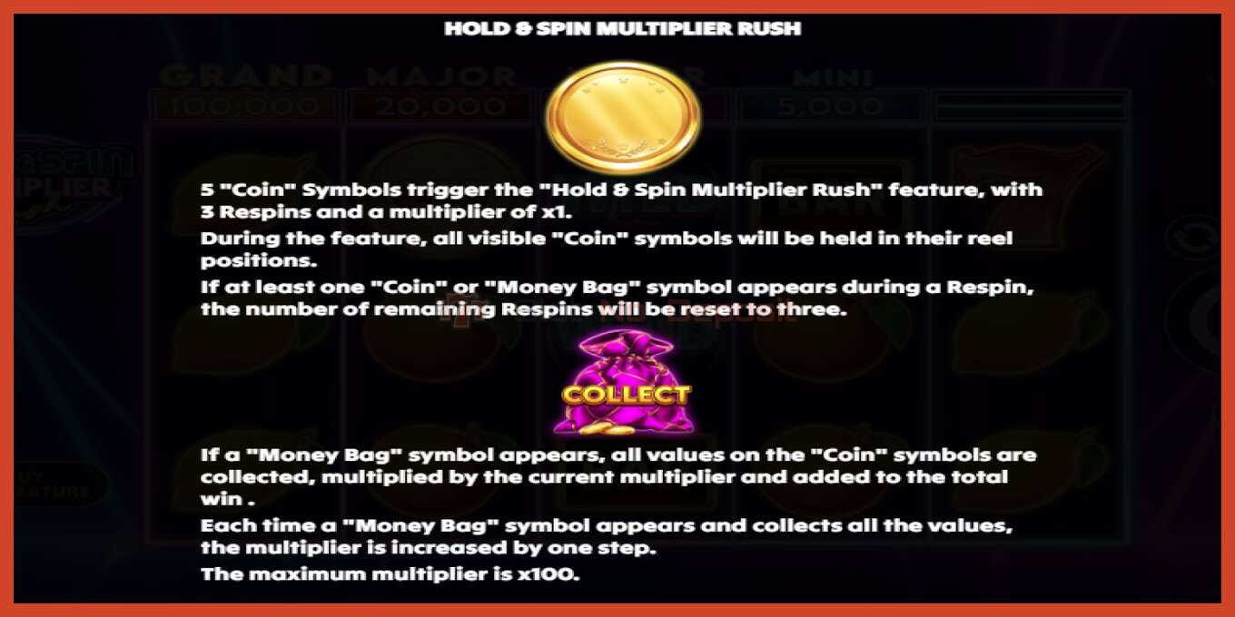 Slotin kuvakaappaus: Hold & Spin Multiplier Rush ei talletusta, määrä - 5