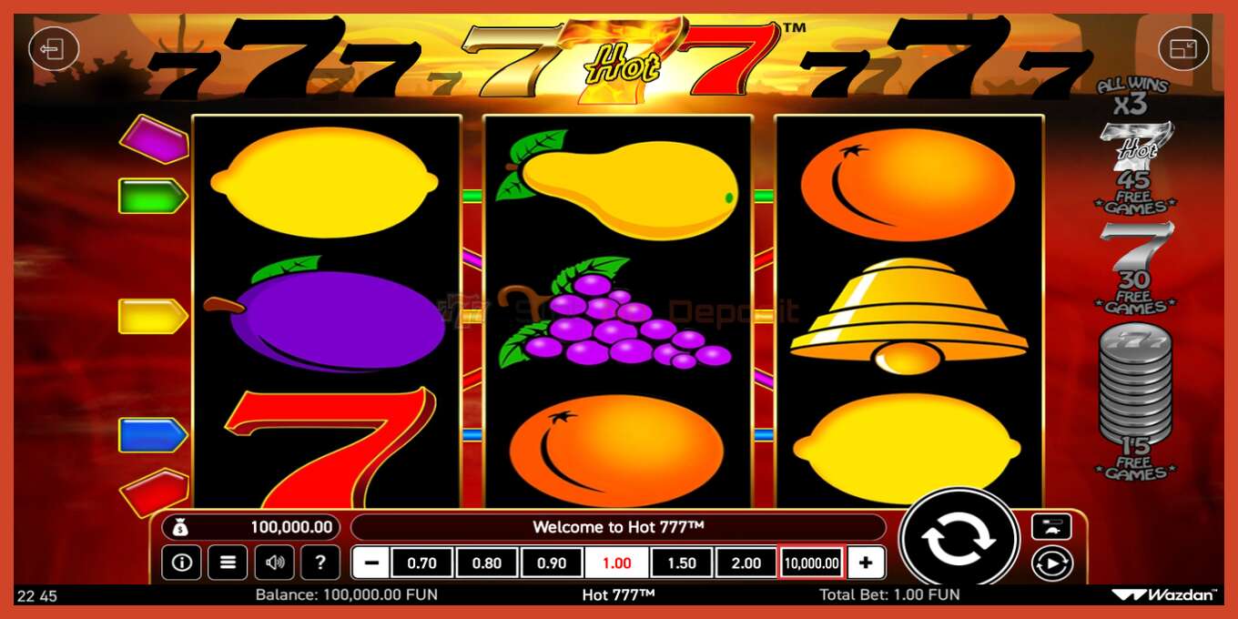 Slot screenshot: Hot 777 no deposit, number - 1