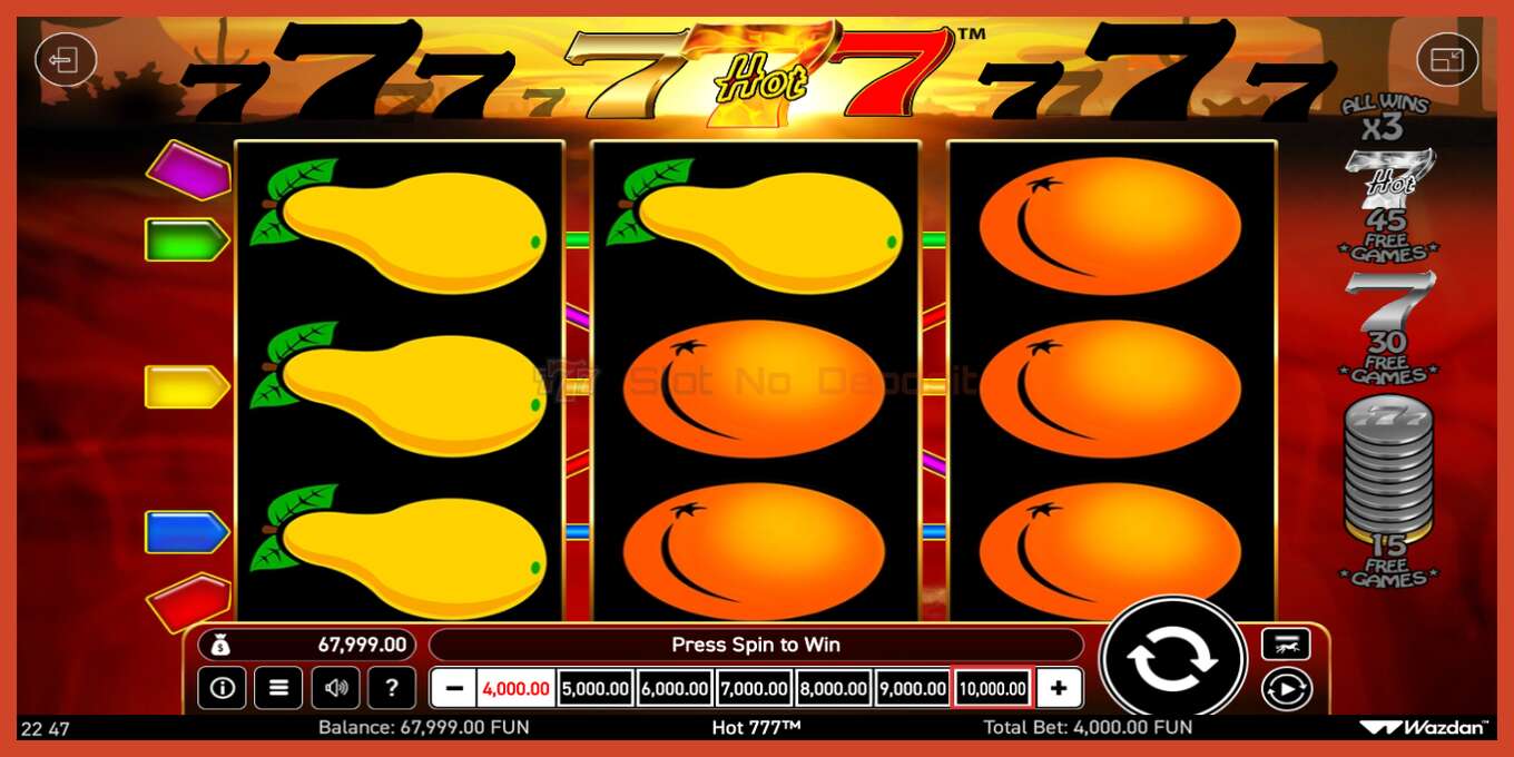 Slot screenshot: Hot 777 no deposit, number - 2