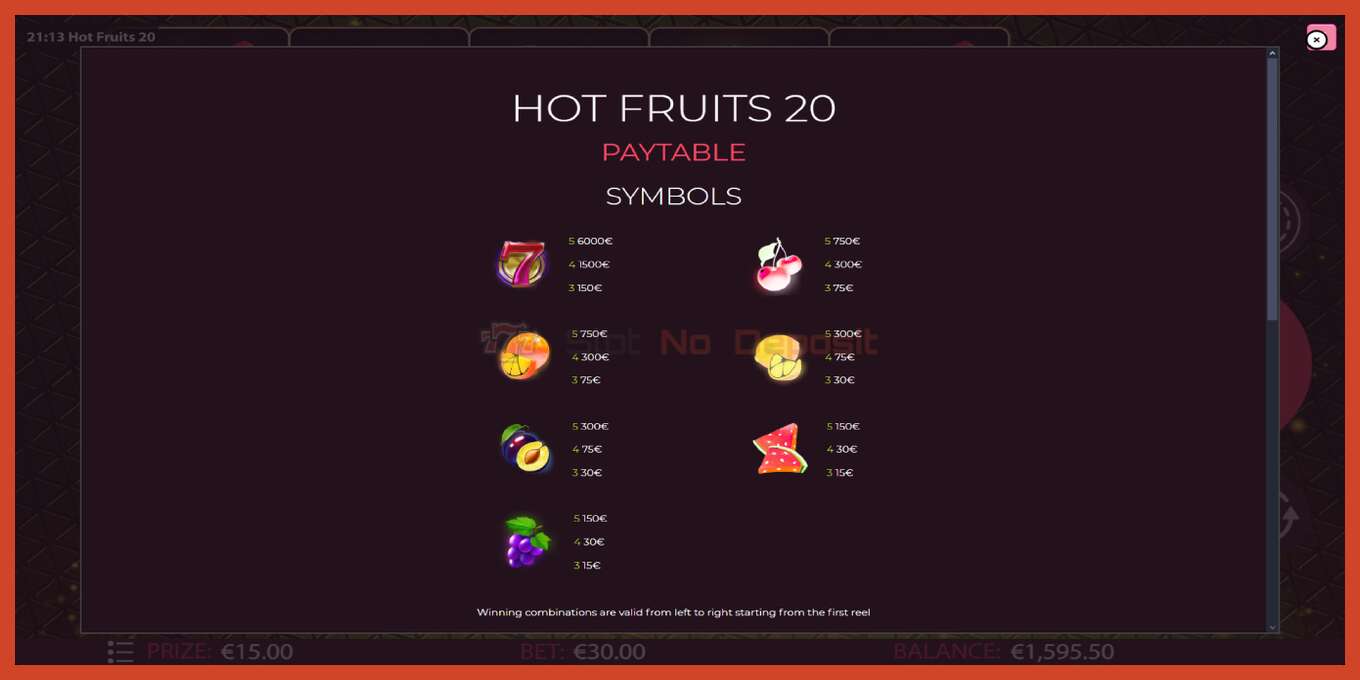 Снимак екрана слота: Hot Fruits 20 без депозита, број - 5