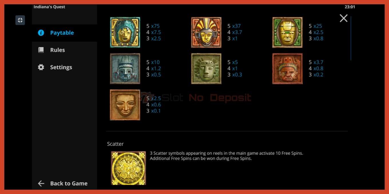 Slot screenshot: Indiana’s Quest no deposit, number - 4