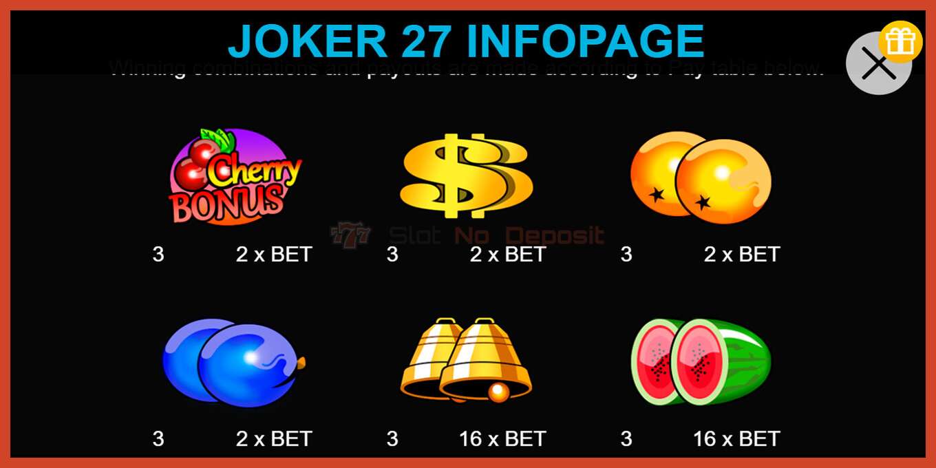 Slota ekrānuzņēmums: Joker 27 nav depozīta, numuru - 2