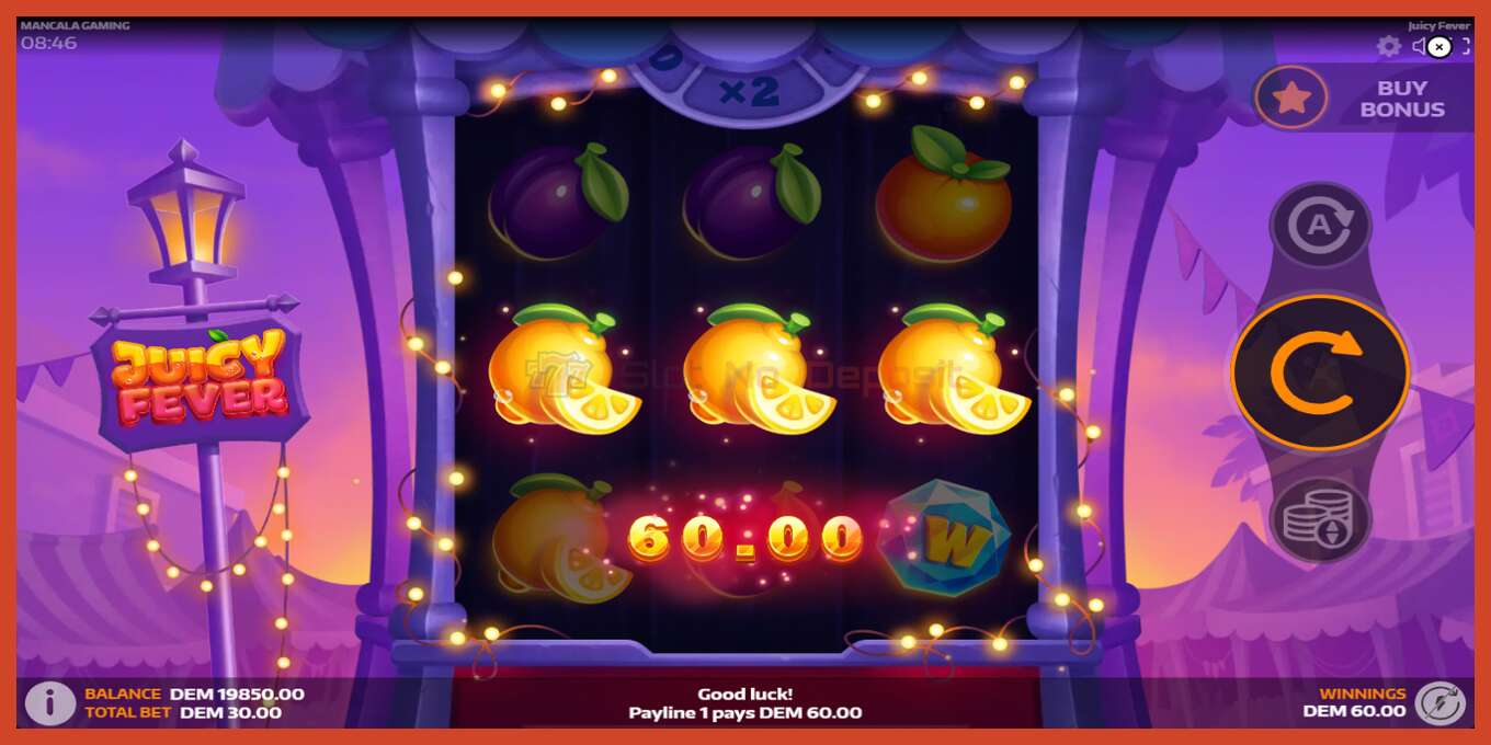 Slot skærmbillede: Juicy Fever intet depositum, antal - 3