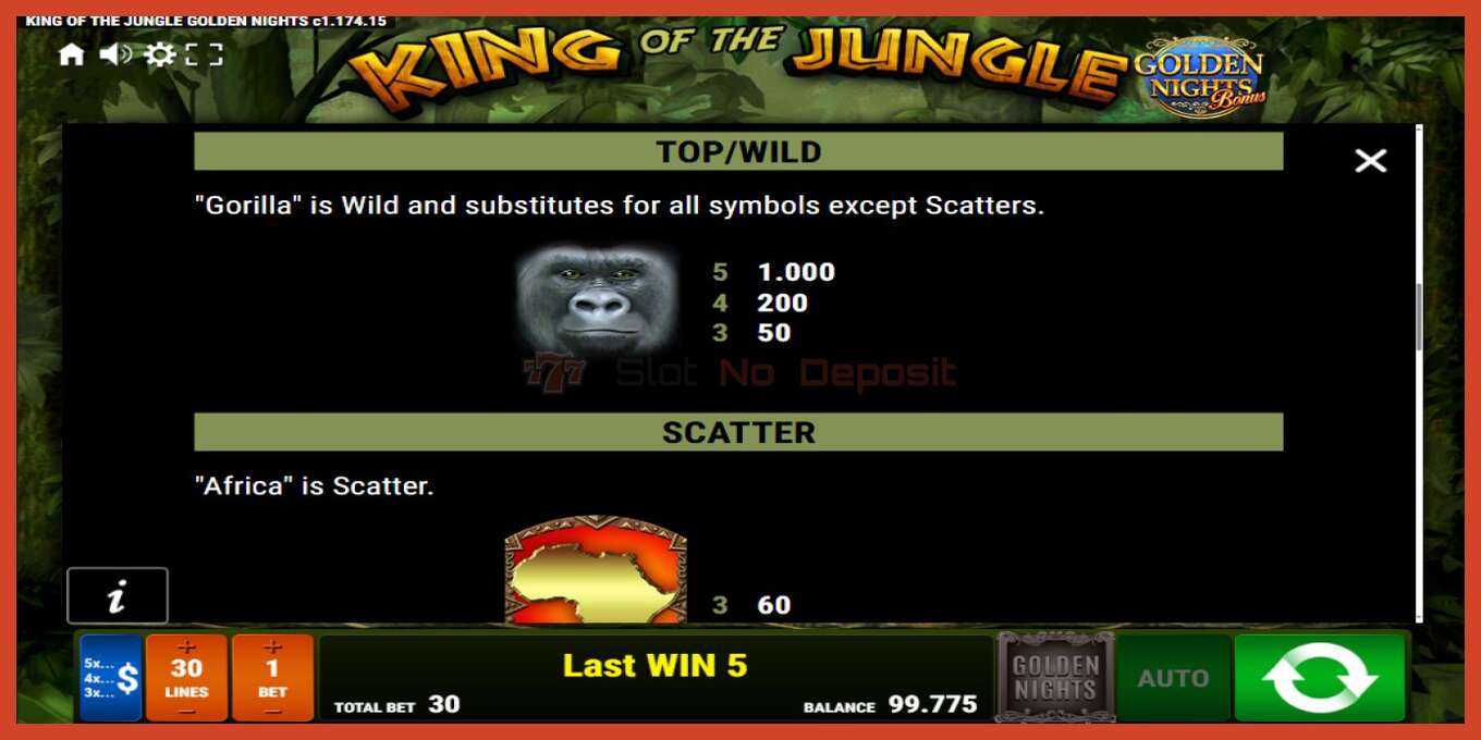 Slot screenshot: King of the Jungle Golden Nights no deposit, number - 5