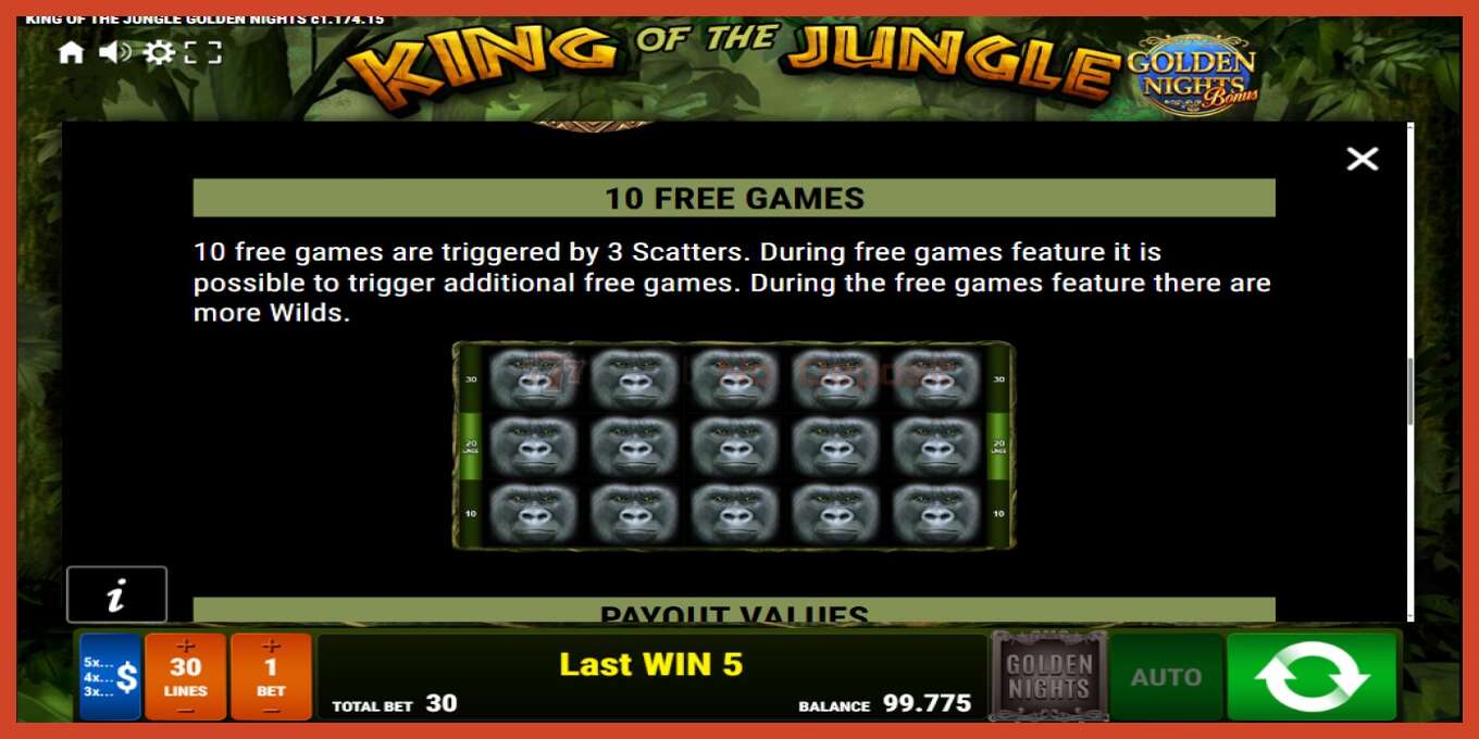 Slot screenshot: King of the Jungle Golden Nights no deposit, number - 6